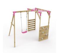 OutdoorToys Wooden Single Swing Set with Climbing Wall & Monkey Bars - Solar Pink OutdoorToys Pink