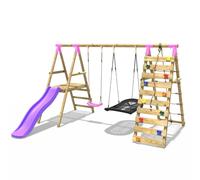 Rebo® Wooden Swing Set with Deck, Slide and Up and Over Climbing Wall - Quartz Pink | OutdoorToys | Kids' Outdoor Wooden Play Equipment for Gardens, Frame and Accessories Included, Weather Resistant