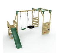Rebo® Wooden Swing Set with Monkey Bars, Deck and 6ft Slide - Satellite Green | OutdoorToys | Kids' Outdoor Wooden Play Equipment for Gardens, Frame and Accessories Included, Weather Resistant