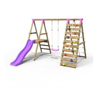 Wooden Swing Set with Up and Over Climbing Wall and Slide - Amber Pink Rebo Pink One Size