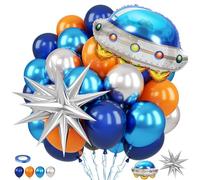 Outer Space Balloons, 12 Inch Orange Metallic Silver Blue Dark Blue Balloons with UFO and Silver Star Foil Balloon for Boys Galaxy Birthday Baby Shower Space Themed Party Decorations