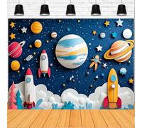 Outer Space Birthday Backdrop Cartoon Rocket and Planets Photography Banner Universe Galaxy Stars Boy Girl Newborn Baby Shower Background First Birthday Backdrop for Boys (A, 7x5feet)