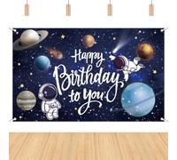 Outer Space Birthday Backdrop, Planets and Astronauts In Space Happy Birthday Photography Background, Universe Planet Theme Party Decorations for Boys Girls Kids Men Women(180x110cm)