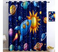 Outer Space Curtains Blackout, 46 x 54 Inch Thermal Insulated Cartoon Outer Space Planets Rockets Window Drapes 90 Drop Darkening Blue Nursery Curtains for Bedroom Living Room, 2 Panels