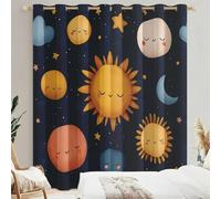 Outer Space Curtains for Bedroom Home Decor, Cartoon Sun Moon Galaxy Blackout Curtains Living Room, Thermal Eyelet Window Drapes, 2 Panels 108 Drop, 90x108 (W x L) Q-D21