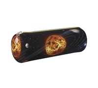 Outer Space Galaxy Solar System Printed Leather Pencil Case Cute Stationery Organizer Round Makeup Bag Pen Pouch, Gold Zipper
