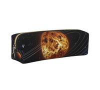 Outer Space Galaxy Solar System Printed Leather Pencil Case Cute Stationery Organizer Simple Makeup Bag Pen Pouch, Gold Zipper