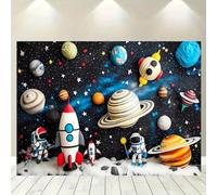 Outer Space Happy Birthday Backdrop Universe Planet Galaxy Spacecraft Astronaut Blast Off Rocket Baby Shower Photo Background
