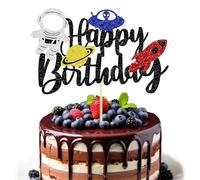 Outer Space Happy Birthday Cake Topper - Glitter Airship, Astronauts & Rocket Cake Decoration for Space Theme Baby Showers & Birthday Parties