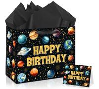 Outer Space Happy Birthday Gift Bag, Solar System Gift Bag with Card Tissue Paper Stars Galaxy Planet Wrapping Paper Black Outer Space Party Favor Bag Decor for Boys Kids Birthday Party Supplies