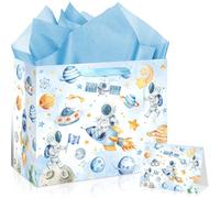 Outer Space Party Gift Bag, Light Blue Space Gift Bag with Card Tissue Paper Astronaut Rocket Planet Wrapping Paper Solar System Party Favor Bag Decor for Boys Kids Birthday Baby Shower Party Supplies
