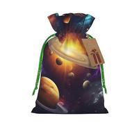 Outer Space Printed Christmas Drawstring Bags Reusable Xmas Bag for Party Xmas Gift Wrapping, Green Ribbon, S