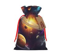 Outer Space Printed Christmas Drawstring Bags Reusable Xmas Bag for Party Xmas Gift Wrapping, Red Ribbon, S