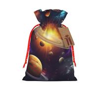 Outer Space Printed Christmas Drawstring Bags Reusable Xmas Bag for Party Xmas Gift Wrapping, Red Ribbon, M