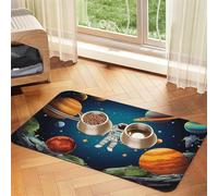 Outer Space Rocket Astronaut Pet Feeding Mat Absorbent Pu Leather Dog Cat Food Mats Contain Spills Protects Floors, Anti-Slip Rubber Backing Dog Bowl Mats Easy Clean Pet Placemats 40x60cm
