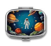 Outer Space Rocket Astronaut Pill Box 2 Compartment, Portable Pill Case with Mirror for Pocket Purse Travel, Mini Metal Medicine Organizer for Vitamins Fish Oil