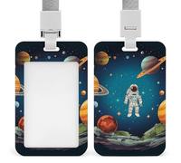 Outer Space Rocket Astronaut Sliding Id Badge Holder with Clear Window Vertical Card Protector Detachable Lanyard Hard Plastic Waterproof Cards Holder for Nurse Teacher Passes