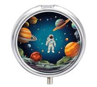 Outer Space Rocket Astronaut Travel Pill Box Case 3 Compartment Cute Pill Organizer Metal Pill Holder with Mirror Small Medicine Organizer Daily Pill Container for Purse Pocket Portable Meds Box