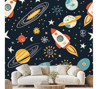 Outer Space Rocket Planet Wall Mural Stars Sun Moon Dot Peel and Stick Photo Wallpaper 150x100 cm Cartoon Galaxy Non-Woven Wall Stickers for Bedroom Living Room Corridor Poster Decoration ds151m