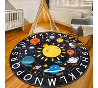 Outer Space Round Area Carpet, 120cm, ABC Alphabet Cartoon Cute Solar System Planets Designs Print Kids Rug, Soft Fade Resistant Children's Educational Rugs for Teens Room Decor