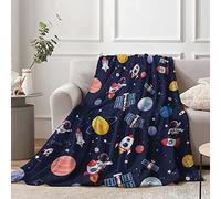 Outer Space Theme Throw Blanket for Kids, 130 x 150 cm Blue Space Astronaut Rocket Fluffy Plush Blanket for Boys Gift, Soft Galaxy Planet Spaceship Flannel Blanket for Children Teen Bed Couch Decor
