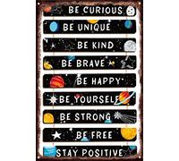 Outer Space Themed Tin Sign Wall Art,Be Curious Be Unique Inspirational Quote Tin Sign Prints Framed Wall Artwork Ready To Hang For Kids Teens Boys Nursery Home Bedroom Wall Decor 5.5x8 Inch