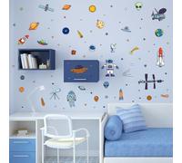 Outer Space Wall Sticker Decals - Solar System Planets Wall Stickers, Space Wallpaper Rocket Planets Astronaut for Kids Boys Girls Baby Nursery Home Bedroom Decorations