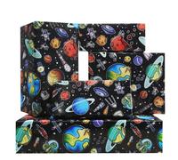 Outer Space Wrapping Paper, Planets In Space Birthday Wrapping Paper For Kids Girls Boys, 4 Sheets Colored Planets Astronauts Rockets Satellites Probes Pattern In Black Paper