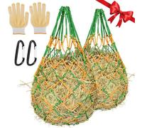 OUTFANDIA 2Pcs Hay Bags for Horses, 40" Large Hay Nets for Horses with 2 Hooks & 2 Gloves, Durable Round Bale Hay Net Feeder, Slow Feed Goat Hay Feeder for Horse, Donkey, Cow, Alpaca, Sheep, Cattle