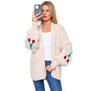 OutfitsbySMILE Women Cardigan Sweater Ladies Jumper Cherry Print Balloon Sleeve Short Cardigans Open Front Winter Knitted Top Beige UK XL 16/18
