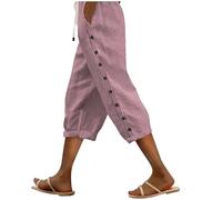 Outlet Pink Striped Linen Trousers Women Side Button Trousers Cropped Wide Leg Yoga Pants Drawstring Elastic Waisted Cotton Linen Beach Pants Loungewear Baggy Joggers Capris 02 Pink L