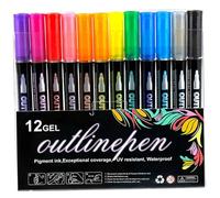 Outline Markers with Double Lines 12 Colors Metallic Highlighters Dreamy Glitter Highlighters Shimmer Markers for Art, Christmas, Greeting Cards, DIY and Halloween, Metallic