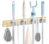 OUTNILI Mop and Broom Holder Wall Mount - Light Wood Broom Mop Hanger - Wall Mounted Garden Tool Rack Organizer for Closet Garage Laundry Room Kitchen With 4 Slots & 4 Hooks
