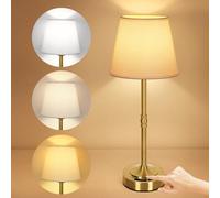 OUTON 16.7" Cordless Rechargeable Table Lamp - Battery Display, Touch Dimmable LED Light, 3 Color Temperatures, USB-C Charging, Fabric Shade, Memory Function for Bedroom, Living Room, Patio (Gold)