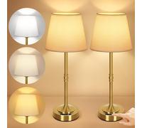 OUTON 16.7" Cordless Rechargeable Table Lamp - Battery Display, Touch Dimmable LED Light, 3 Color Temperatures, USB-C Charging, Fabric Shade, Memory Function for Bedroom, Living Room, Patio (Gold)