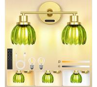 OUTON 2 Light Bathroom Wall Lights, Rechargeable Battery Operated Wall Sconce with Green Tulip Glass Lampshade, Remote, Touch Control, Dimmable, 8000mAh Battery, Wall Lamp for Mirror Living Room