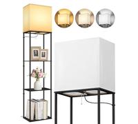 OUTON 3 Layers Floor Lamp with Shelves, Modern Standing Lamp with Wood Shelf, Tall Bookshelf with 3 Color Temperatures, Dimmable LED Reading Lamp for Living Room, Bedroom, Office, Black & Rectangle