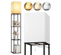 OUTON 3 Layers Floor Lamp with Shelves, Modern Standing Lamp with Wood Shelf, Tall Bookshelf with 3 Color Temperatures, Dimmable LED Reading Lamp for Living Room, Bedroom, Office, Black & Square