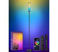 OUTON Corner Floor Lamp, Smart RGB LED Lamp with Touch & APP & Remote Control, 32 Scene Modes & Music Sync, Dimmable Standing Lamp for Living Room, Gaming Room, Bedroom, Black & Glass Lampshade