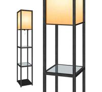 OUTON Floor Lamp with Glass Shelves, 3000K-6000K Adjustable Color Temperatures, LED Modern Column Floor Lamp, Display Wood Tall Standing Lamps for Living Room, Bedroom, Office, Black