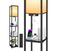 OUTON Floor Lamp with Glass Shelves, Remote Control, Dimmable & 4 Color Temperature Adjustable, 2 USB Ports, LED Modern Column Floor Lamp, Wood Standing Lamps for Living Room, Bedroom, Office, Black