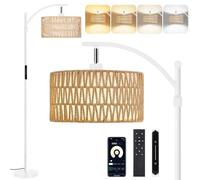 OUTON Floor Lamp with Rattan & Linen Double Shades, 12W 1080LM, Height Adjustable, Touch Control & Remote & App Control, Dimmable & 3000K-6500K, LED Tall Boho Standing Lamp for Living Room, Bedroom