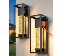 OUTON Outdoor Wall Lights Mains Powered, Set of 2 Bubble Crystal Wall Lanterns with Integrated 13A Outdoor Socket, Dusk Till Dawn Sensor, IP54 Weatherproof Modern Exterior Light for Front Door, Porch