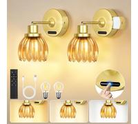 OUTON Rechargeable Wall Lights Set of 2, Wireless Battery Operated, 8000mAh Slide-Out Battery per Light, 3 Colour Temperature, Dimmer, Remote, Timer & Memory, Bedroom, Living Room, Orange Tulip Shade