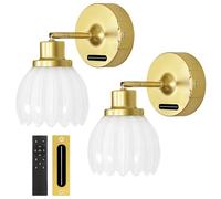 OUTON Rechargeable Wall Lights Set of 2, Wireless Battery Operated, 8000mAh Slide-Out Battery per Light, 3 Colour Temperatures, Dimmer, Remote, Timer & Memory, Bedroom, Living Room, White Tulip Shades