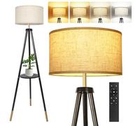 OUTON Solid Wooden Tripod Floor Lamp, Bulb Included, Standing Lamp with Remote Control, Dimmable & 4 Color Temperatures, 1H Timer, Floor Lamp with Storage Shelf for Living Room, Black