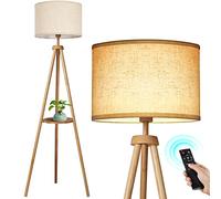 OUTON Solid Wooden Tripod Floor Lamp, Bulb Included, Standing Lamp with Remote Control, Dimmable & 4 Color Temperatures, 1H Timer, Floor Lamp with Storage Shelf Linen Shade for Living Room Bedroom