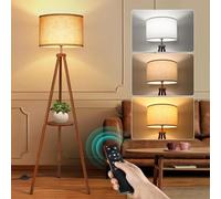 OUTON Solid Wooden Tripod Floor Lamp, Bulb Included, Standing Lamp with Remote Control, Dimmable & 4 Color Temperatures, 1H Timer, Floor Lamp with Storage Shelf Linen Shade for Living Room Bedroom