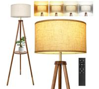 OUTON Solid Wooden Tripod Floor Lamp, Bulb Included, Standing Lamp with Remote Control, Dimmable & 4 Color Temperatures, 1H Timer, Floor Lamp with Storage Shelf for Living Room, Walnut and Gold