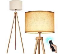 OUTON Solid Wooden Tripod Floor Lamp, Dimmable LED Standing Lamp with Remote Control & 4 Color Temperatures, 1H Timer, Floor Lamp with Linen Shade for Living Room Bedroom(Blub Included), Wood